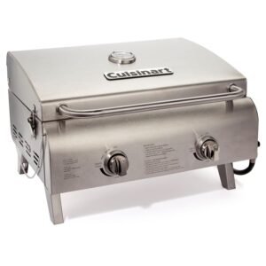 Cuisinart Chef's Style Tabletop Portable Propane Gas Grill with Dual Burners (20,000 BTUs Total), Twist-Start Ignition Stainless Steel BBQ Grill for Camping, Tailgates, BBQ,...