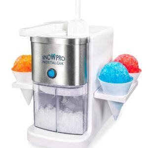 Nostalgia SnowPro Electric Shaved Ice & Snow Cone Maker 64-Ounce Ice Shaving Capacity, 4 Reusable Cones, Side Shelves, and Scoop Included