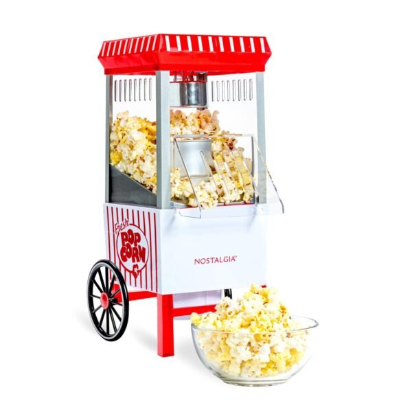 Nostalgia Vintage Hot-Air Popcorn Maker Machine - Makes Up to 12 Cups - Oil-Free - Healthier Popcorn - Classic Stand-Up Cart With Wheels - Includes Kernel Measuring Cup - White...