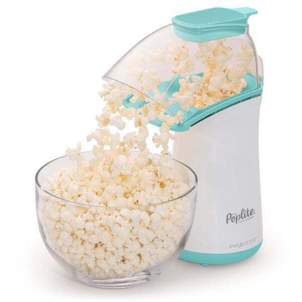 Presto 04869 Poplite Hot Air Popcorn Popper - Built-In Measuring Cup + Melts Butter, Easy to Clean, Built-In Cord Wrap, 18 Cups, Aqua/White