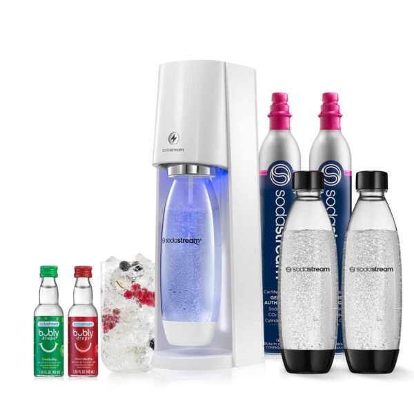 SodaStream E-TERRA Sparkling Water Maker Bundle (White), with CO2, Carbonating Bottles, and bubly Drops Flavors SodaStream E-TERRA Sparkling Water Maker Bundle (White), with CO2, Carbonating Bottles, and bubly Drops Flavors