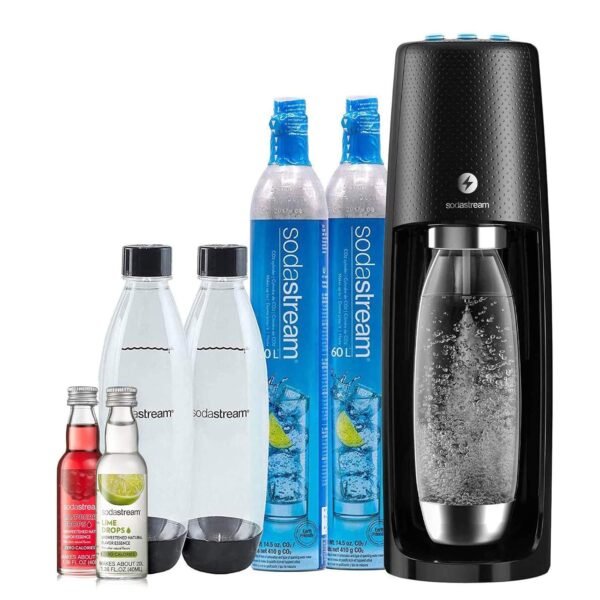 SodaStream One Touch Electric Sparkling Water Maker Bundle (Black) with CO2, BPA free Bottles, and 0 Calorie Fruit Drops Flavors SodaStream One Touch Electric Sparkling Water Maker Bundle (Black) with CO2, BPA free Bottles, and 0 Calorie Fruit Drops Flavors