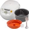 Tiger Japan Made Synchro-Cooking 5.5-Cup Micom Rice Cooker and Warmer with 10 Cooking Menu Settings, Stainless Steel Non-Stick Inner Pot and Tacook Cooking Plate, Lets you Cook... Tiger Japan Made Synchro-Cooking 5.5-Cup Micom Rice Cooker and Warmer with 10 Cooking Menu Settings, Stainless Steel Non-Stick Inner Pot and Tacook Cooking Plate, Lets you Cook...