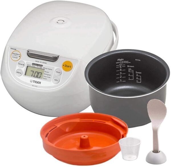 Tiger Japan Made Synchro-Cooking 5.5-Cup Micom Rice Cooker and Warmer with 10 Cooking Menu Settings, Stainless Steel Non-Stick Inner Pot and Tacook Cooking Plate, Lets you Cook... Tiger Japan Made Synchro-Cooking 5.5-Cup Micom Rice Cooker and Warmer with 10 Cooking Menu Settings, Stainless Steel Non-Stick Inner Pot and Tacook Cooking Plate, Lets you Cook...